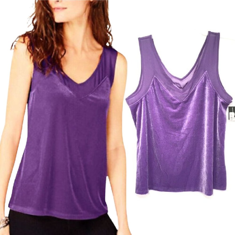 INC Purple Velvet Tank Top V-Neck Sheer Trim XXL NEW